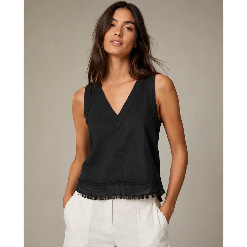 Black Linen Blend Boho Tank Top S Fringe Hem V-Neck Sleeveless Minimalist New